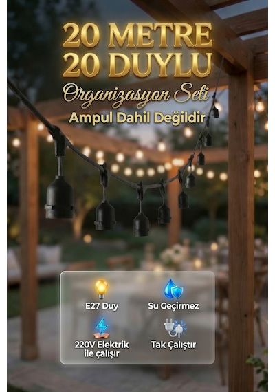 20 Metre 20 Duy Organizasyon Seti E27 Dış Mekan Uyumlu 220v Bahçe Teras Festoon Ampulsüz Işık Zinciri Tak Çalıştır Siyah