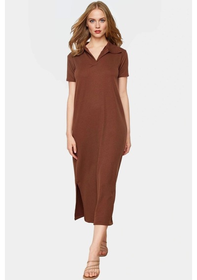 Ersefa Günlük Kullanım İçin Şık Polyester Midi Elbise Polo Yaka Görünüm Kahverengi