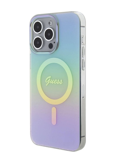 Apple Uyumlu iPhone 15 Pro Kılıf Guess Lisanslı Magsafe Şarj Özellikli Yazı Logo Iridescent Siyah