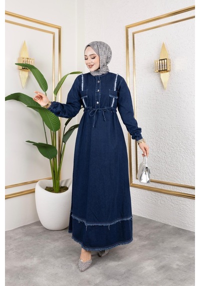 Harman Butik Kadın Püsküllü Denim Kot Elbise Lacivert Lacivert