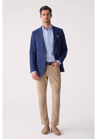 Erkek Lacivert Regular Fit Keten Karışımlı Mono Yaka Ceket