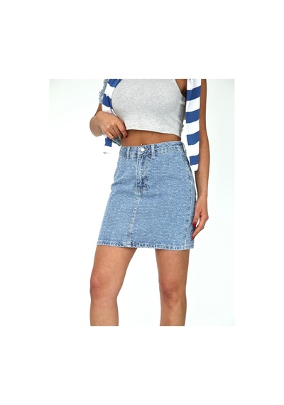 Zeo Basic Eskitme Denim Kumaş Mini Etek Mavi - Eskitme Detaylı