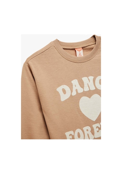 Koton Kız Bebek Baskılı Pamuklu Uzun Kollu Bisiklet Yaka Şardonlu Sweatshirt Kahve