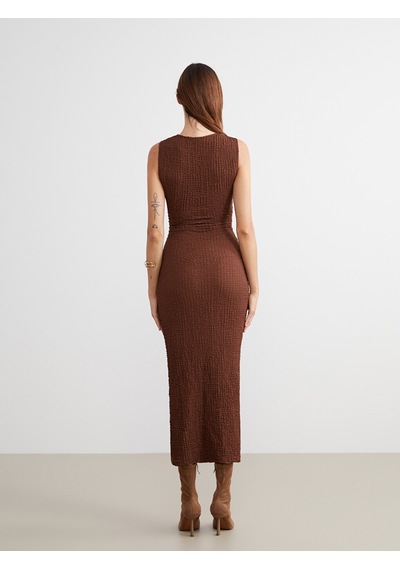 Lcw Vision Kahverengi Bisiklet Yaka Büzgülü Bodycon Elbise
