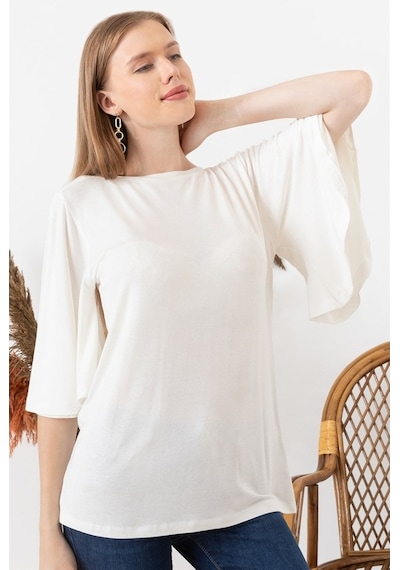 Aqe Fashion Kadın Beyaz Kolu Volanlı Kayık Yaka Bluz-Beyaz