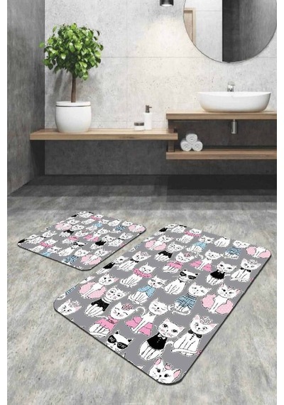Gri Kedili Banyo Halısı Klozet Takımı 2'li Paspas Seti Bs254n11