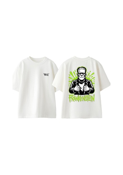 Thewert Frankenstein Tasarım Sırt Baskılı Pamuk Beyaz Oversize T-shirt