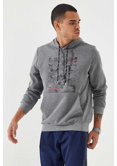 Tommy Life Gri Melanj Kamuflaj Desen Baskılı Standart Kalıp Kapüşonlu Erkek Sweatshirt - 87884 GRİ MELANJ