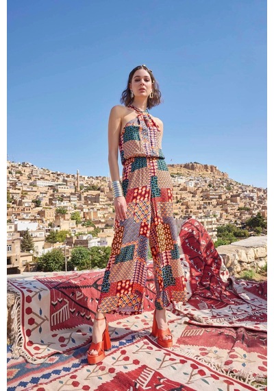 L'ombre Etnik Desenli Saten Tulum Renkli Geometrik