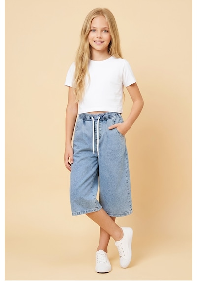 Modanino Kız Çocuk Beli Lastikli Ve Kordonlu Kapri Jean Pantolon 5-15 Yaş 12719sk Mavi