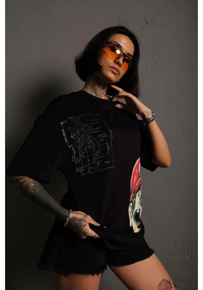 Assema Kadın Mario Baskılı T-shirt Oversize Kısa Kol Bisiklet Yaka Tişort - Siyah Çok Renkli