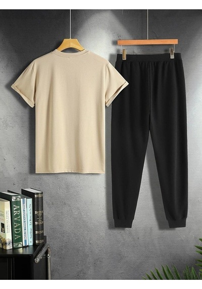 Kanat Vizon T-shirt Siyah Eşofman Altı Jogger - Baskılı Alt Üst Takım Oversize Bisiklet Yaka Vizon Siyah