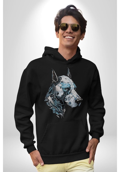 Robot Cyborg Köpek Doberman Kadın Erkek Siyah Kapüşonlu Sweatshirt Hoodie Siyah