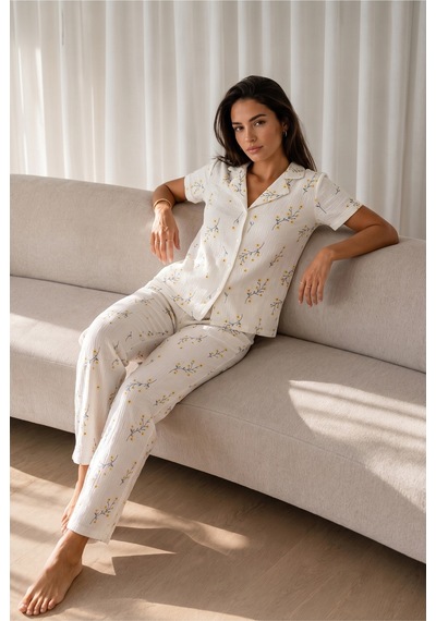 Kadın Loose Uzun Paça Pamuk Çok Renkli Pijama Takımı