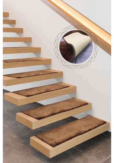 Comfort Kahve Renk 5 Adet Merdiven Halısı Pufidik Peluş Kaymaz