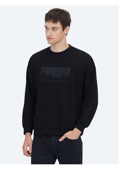 Kip Siyah Bisiklet Yaka Baskılı Sweatshirt Siyah -