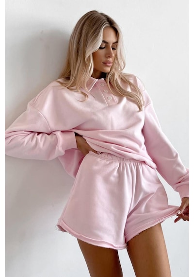 Madmext Pembe Polo Yaka Kadın Şort Sweatshirt Takım Mg2375