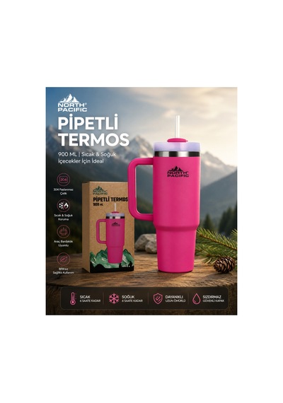 North Pacific 900 Ml Pipetli Paslanmaz Çelik Termos Bardak Pembe Çift Katmanlı Vakumlu Seyahat Kupası Pembe
