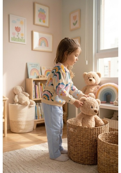 Ahengim Kız Çocuk Gökkuşağı Desenli Sweatshirt 2 Li Alt Üst Takım Ak15636 Mavi
