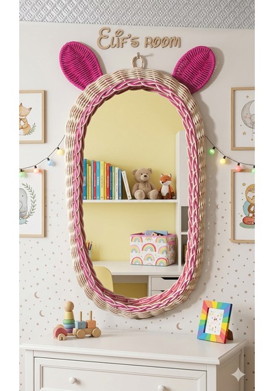 Rattan Bambu Çocuk Odası Pembe Kulaklı Boy Aynası Ekru