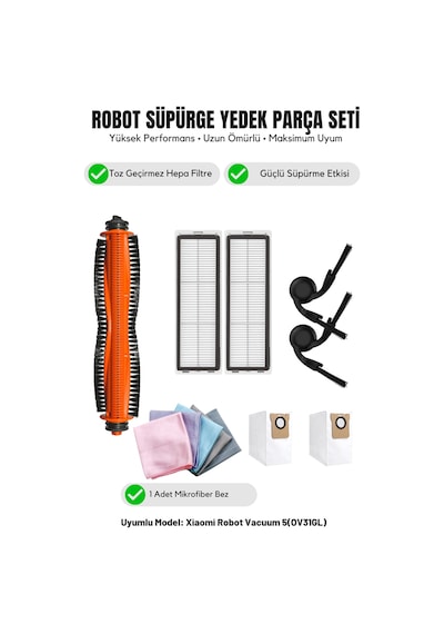 Robot Vacuum 5 Ov31gl İle Uyumlu 1 Ana Fırça 2 Yan Fırça 2 Filtre 2 Toz Torbası 1 Temizlik Bezi 15.0