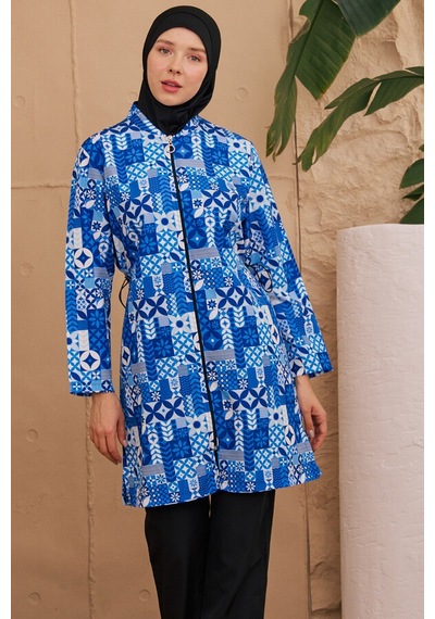Hmm Swimwear Paraşüt Tam Kapalı Tesettür Mayo Desenli Dokuma 2224-189 Siyah