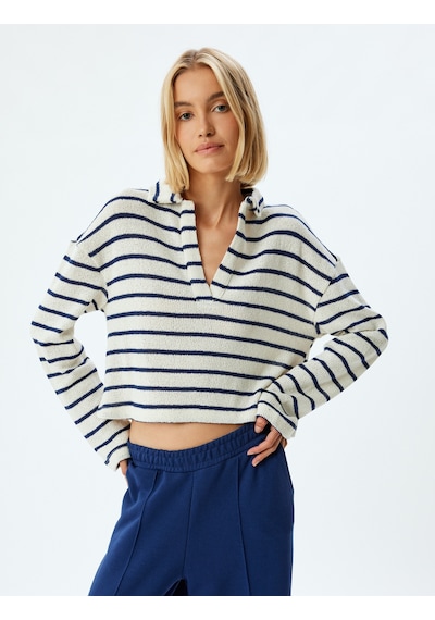 Koton Polo Yaka Crop Kazak İnce Örme Uzun Kollu Lacivert Çizgili 5wak50023ek Lacivert