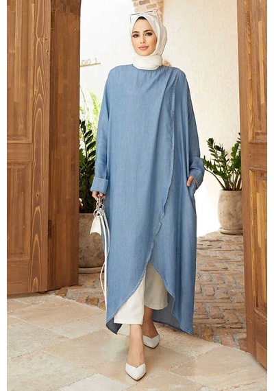 6394-Tensel Standart Salaş Tunik Mavi