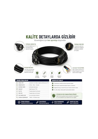 3x2.5mm Ttr Topraklı Siyah Kauçuk Seyyar Uzatma Kablosu 20 Metre
