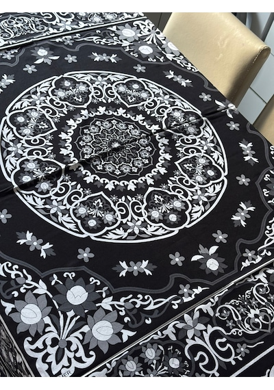 Kolay Temizlenebilir Renkli Cıvıl Cıvıl Desenli Masa Örtüsü 170x170 Cm Siyah-Gri