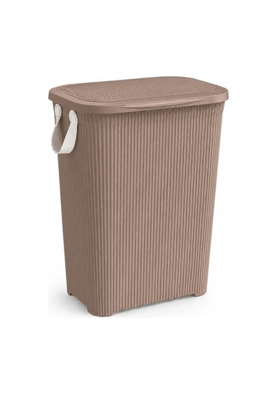 45 L Kapaklı Kirli Çamaşır Sepeti Modern Çizgili Tasarım Taşıma Kulplu Dayanıklı Plastik Banyo, Çamaşır Odası Ve Yatak Odası İçin 40 X 34 X 47 Cm, Kahve Çok Renkli