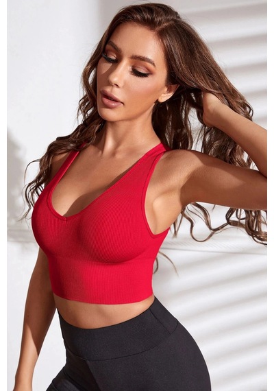 Kapsulavm Kadın Kırmızı Derin Göğüs Dekolteli Şık Crop Top Bluz