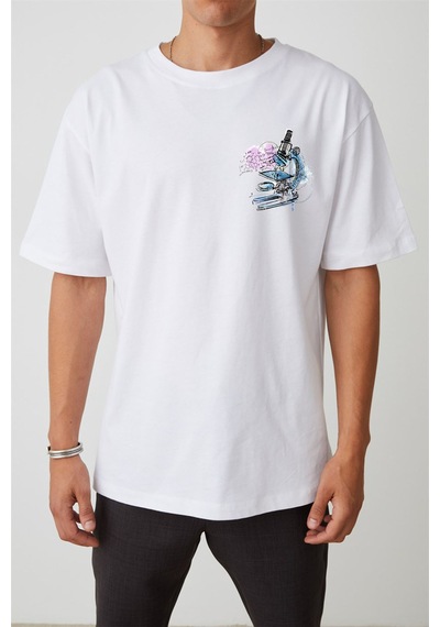 Thewert Unisex Grafiti Mikroskop Baskılı Beyaz Oversize Tshirt