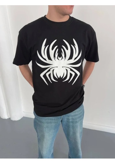 Efnaz Style Erkek Örümcek Baskılı Tişört Kısa Kollu Bisiklet Yaka T-shirt - Siyah