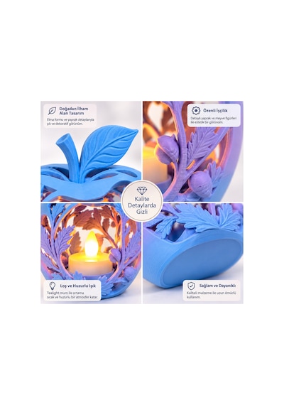 Elma Figürlü Dekoratif Mumluk Yaprak Desenli Tealight Mumluk, Dekoratif Led Mum Hediyeli - Pembe Açık