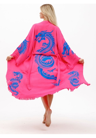 Befera Dragon Müslin Kimono Pamuklu Ejderha Baskılı Desenli Bornoz Kaftan Sabahlık Fuşya