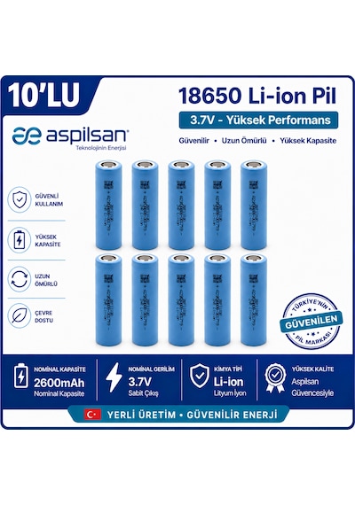 Aspilsan 18650 2600mah 3.7v Li-ion Şarjlı Pil 10'lu Paket Inr18650a28  Lityum İyon Batarya Powerbank, E-bisiklet Ve Robot Projeleri İçin