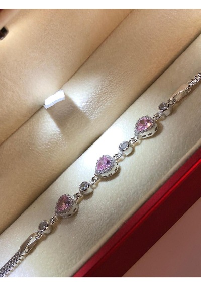 Vog Swarovski Pembe 3 Lü Kalp Taşlı S Model Sevgiliye Eşe Hediye Bileklik