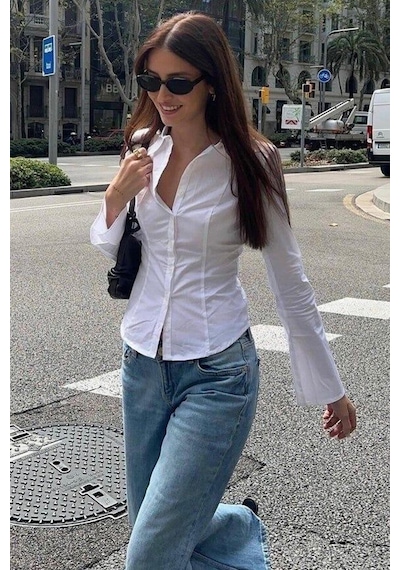 Madmext Beyaz Vücuda Oturan Slim Fit Kadın Gömlek Mg2659 Beyaz