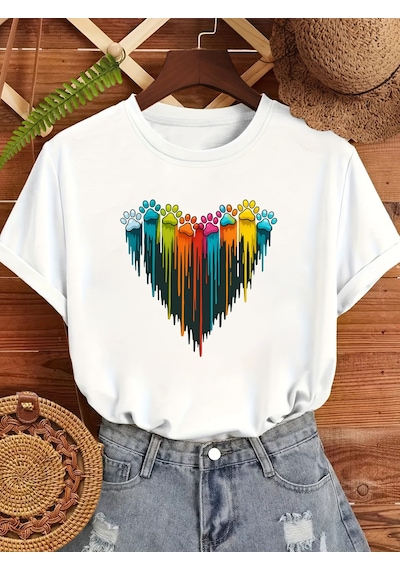 Unisex Sevimli Kedi Patili Kalp Tasarım Basklı Tshirt Beyaz