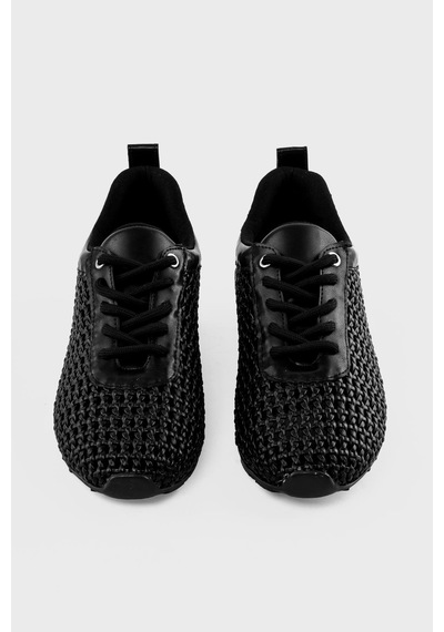 Mubiano Kadın Sneaker Örgülü Gümüş Detaylı Bağcıklı Spor Ayakkabı Nessa Siyah Siyah