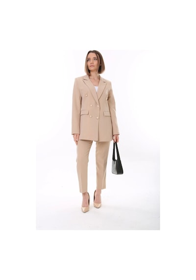 Kadın Düğmeli Blazer Ceket Kemerli Pantolon Dokuma Atlas Kumaş Takım Elbise - Saks Mavi Kadın Düğmeli Blazer Ceket Kemerli Pantolon Dokuma Atlas Kumaş Takım Elbise - Saks Mavi