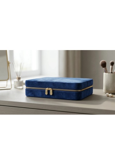 Takı Kutusu Düzenleyici Seyahat Çantası Kolye Yüzük Küpe Organizer Kadife Lacivert 22cmx17cm