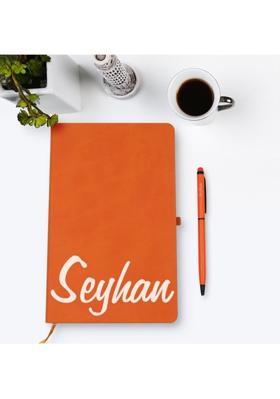 Bitmeyenkartus Kişiye Özel El Yazılı Turuncu Termo Deri Defter Kalem Seti Model (536102549)