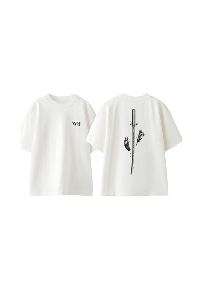 Thewert Samuray Kılıcı Ve Kalp Tasarım Sırt Baskılı Pamuk Beyaz Oversize T-shirt