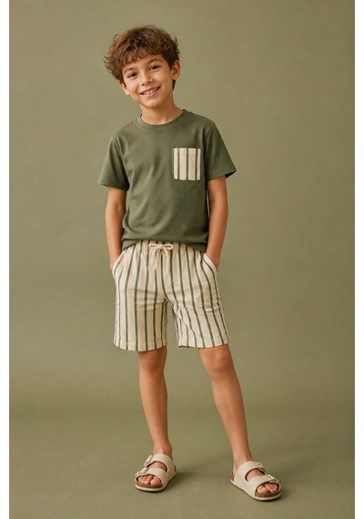 Eray Alp Kids Erkek Çocuk Haki Cepli Tişört Çizgili Şort Takımı Yazlık Günlük Model