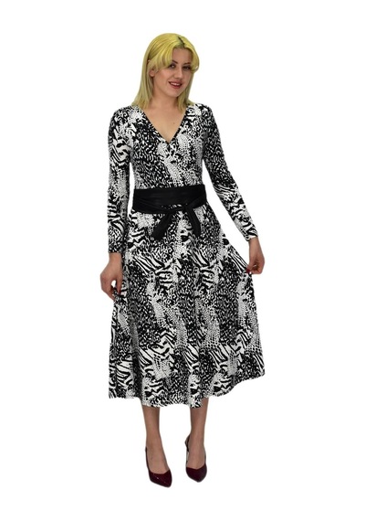 Kadın Viskon Leopar Desenli V Yaka Elbise Bgl-st03536 001
