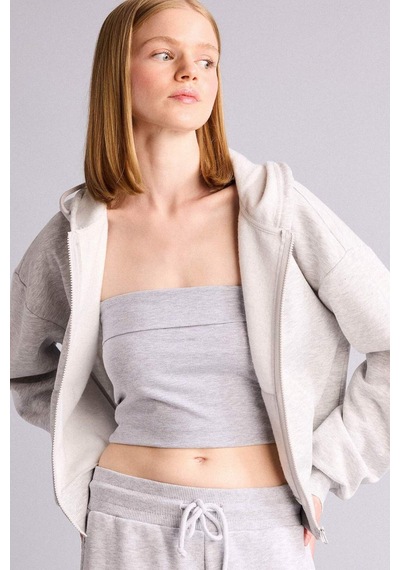 Defacto Cropped Fıt Kapüşonlu Kalın Kumaş Sweatshirt Hırka Z7069az26augr256 Gri-gr256