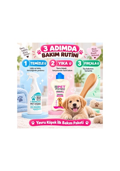 Yavru Köpek İlk Bakım Seti 750 Ml Leke Ve Koku Giderici + 400 Ml Puppy Şampuan + Minik Tüy Fırçası