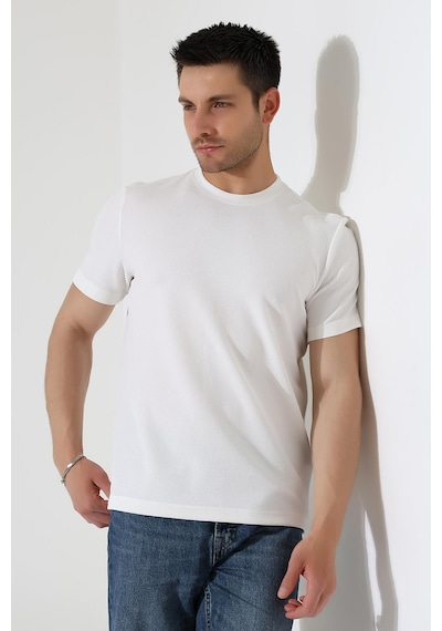 Erkek Fitilli Slim Fit Bisiklet Yaka Düz Renk T-shirt Beyaz